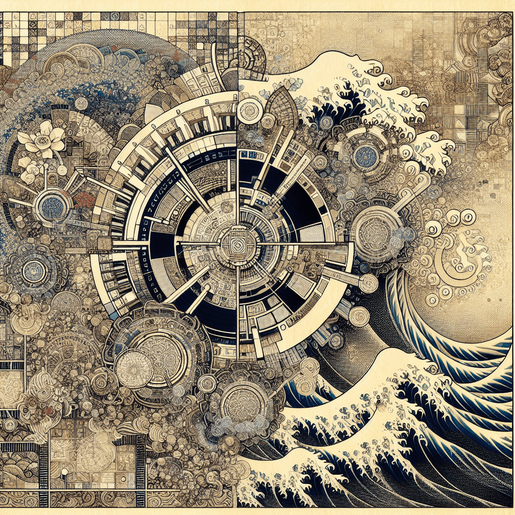 Create an image depicting the integration of zakat-compliant sub-accounts within a fractal concurrency system, symbolizing the fusion of ethical finance principles with modern financial technology.