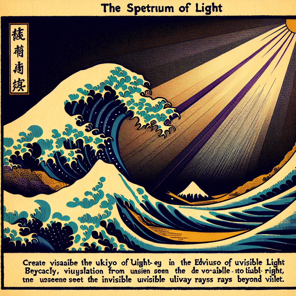 Create an image depicting the spectrum of light, highlighting the transition from visible light to the invisible ultraviolet rays beyond violet, emphasizing their unseen nature and energetic intensity.
