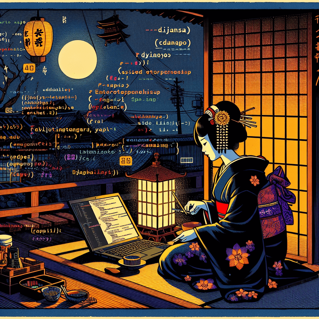 Create an image depicting an evening of exploring Django (a Python web framework) and AI-assisted entrepreneurship with a character named Lilith.