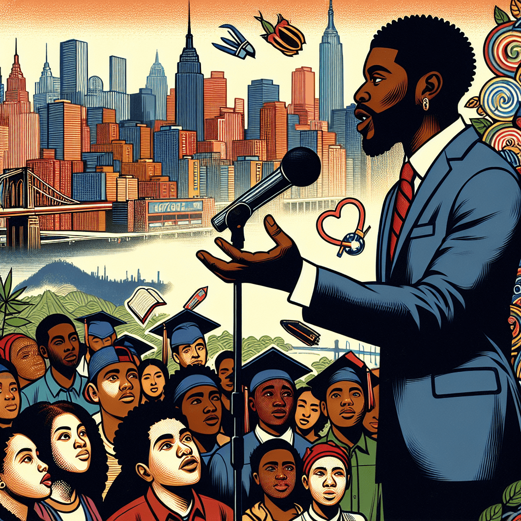 Create an image depicting Congressman Ritchie Torres passionately advocating for education and youth empowerment in the Bronx, highlighting themes of community growth and future opportunities.