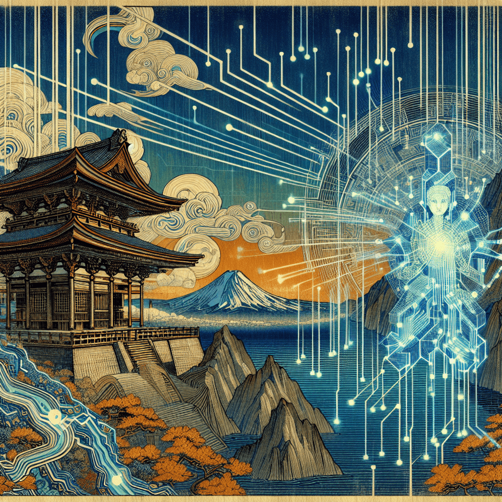 Create an image depicting the fusion of AI and quantum computing, symbolizing the future of digital security with futuristic elements and interconnected networks.