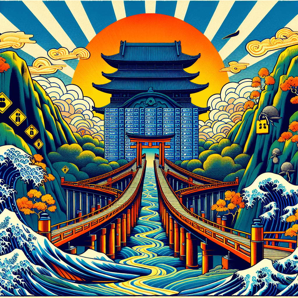 Create an image depicting a symbolic bridge made of firewalls connecting Israel and the UAE, representing cybersecurity collaboration and protection.