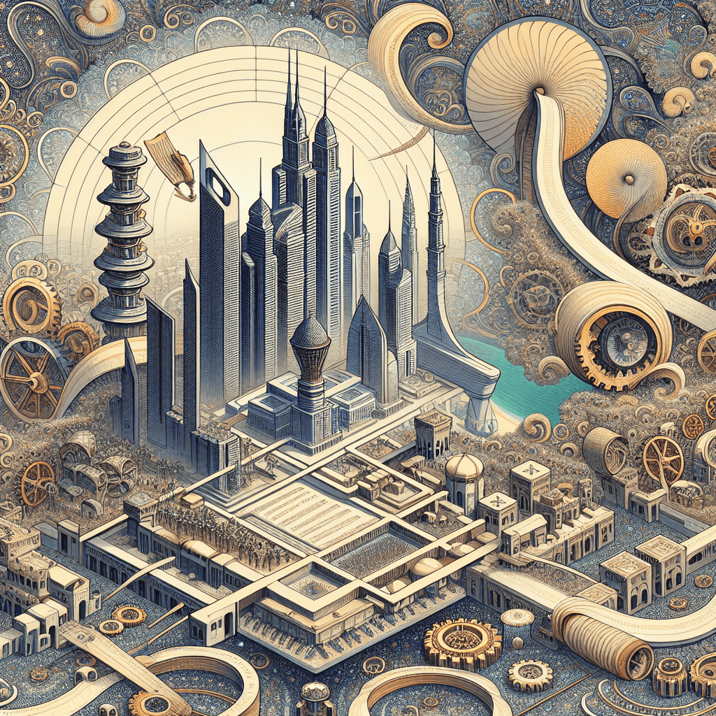 Create an image depicting the concept of compliance and oversight mechanisms for managing fractal concurrency in the UAE, incorporating elements that symbolize regulation, technology, and the UAE's cultural and architectural identity.