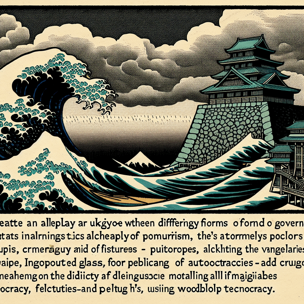 Create an image depicting the interplay between populism, autocracies, and the vulnerabilities of democracy, highlighting the tensions and challenges within modern political landscapes.
