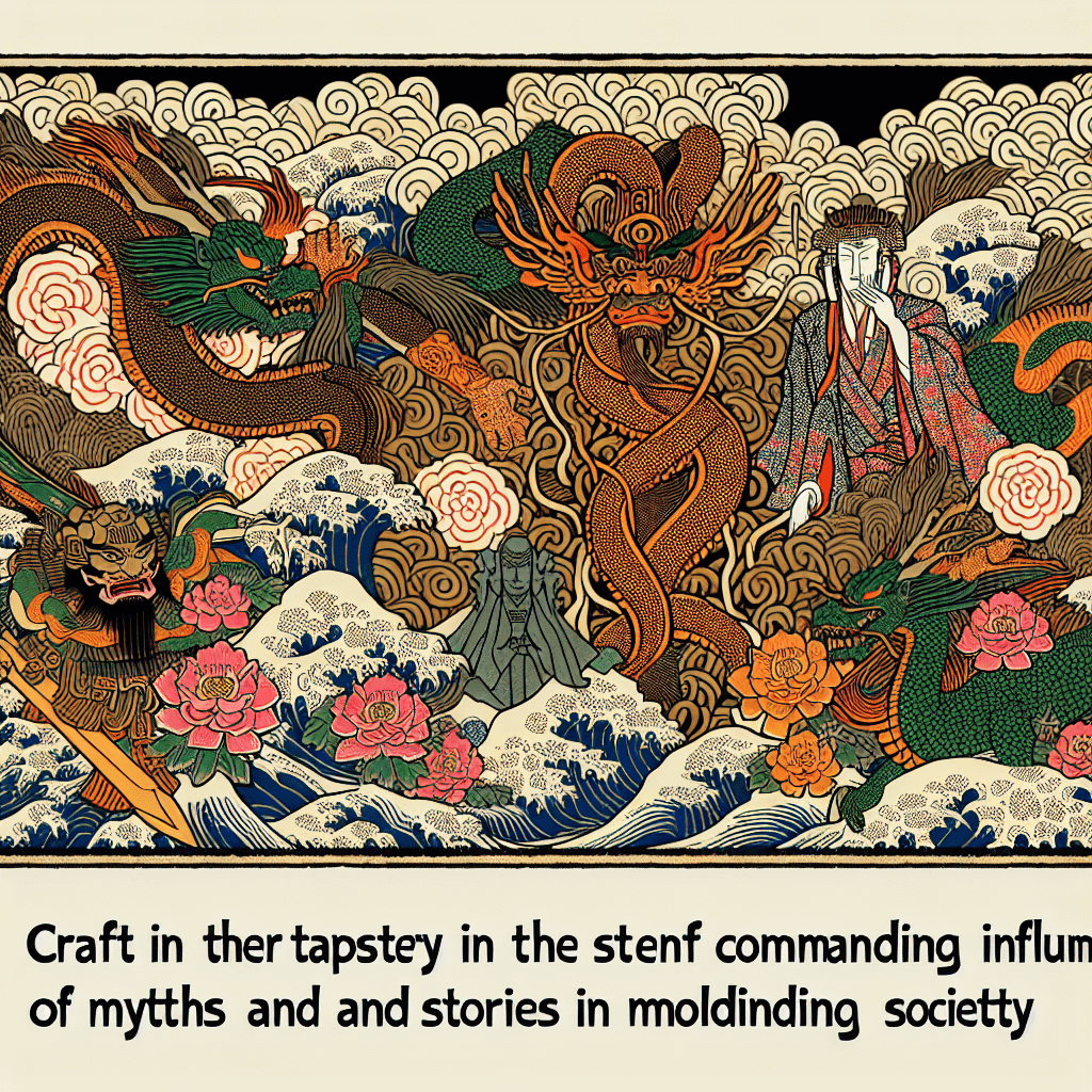 Create an image that illustrates the powerful influence of myths and stories in shaping cultures, depicting a tapestry of diverse narratives intertwining and impacting society.