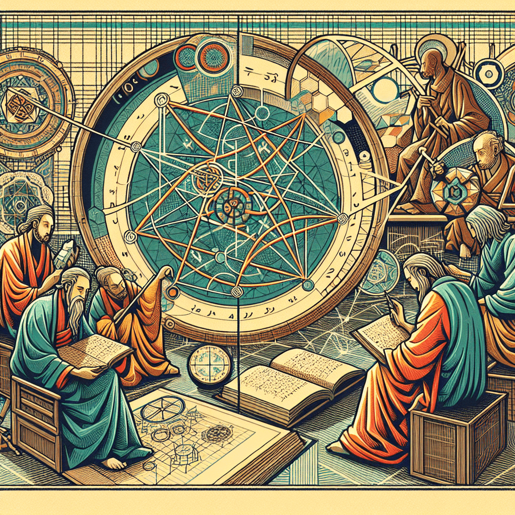 Create an image that visually represents the concept of revisiting Al-Jabr, focusing on the connection between historical geometric solutions and their influence on future directions in mathematics.