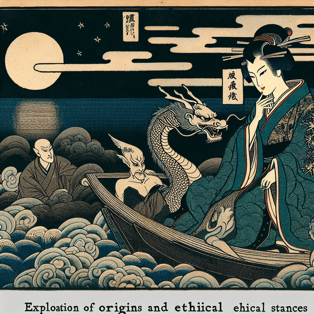 Create an image depicting a night scene with the mythical figure, Lilith, embodying exploration of origins and ethical stances.