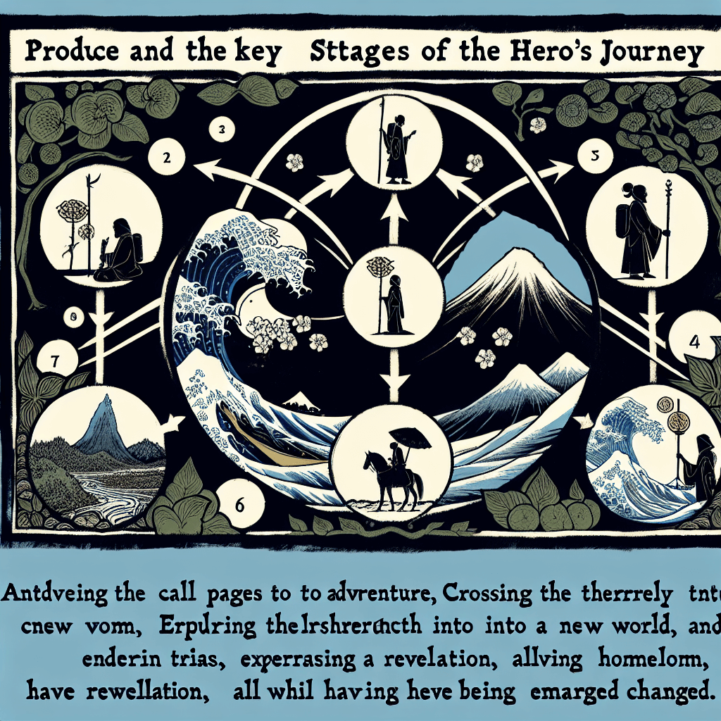 Create an image depicting the Hero's Journey, showcasing the universal story pattern with key stages such as the call to adventure, crossing the threshold, facing trials, achieving a revelation, and returning home transformed.