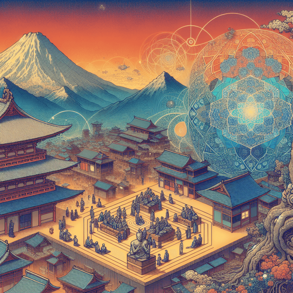 Create an image depicting the concept of integrating zakat contributions with fractal concurrency, highlighting the balance between social responsibility and religious obligations.