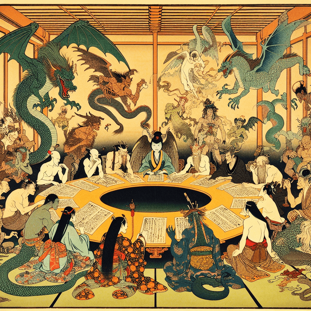 Create an image depicting a strategic meeting of diverse mythical creatures and entities from various cultures, collaborating to plan the future of global demon lore content and alliances.