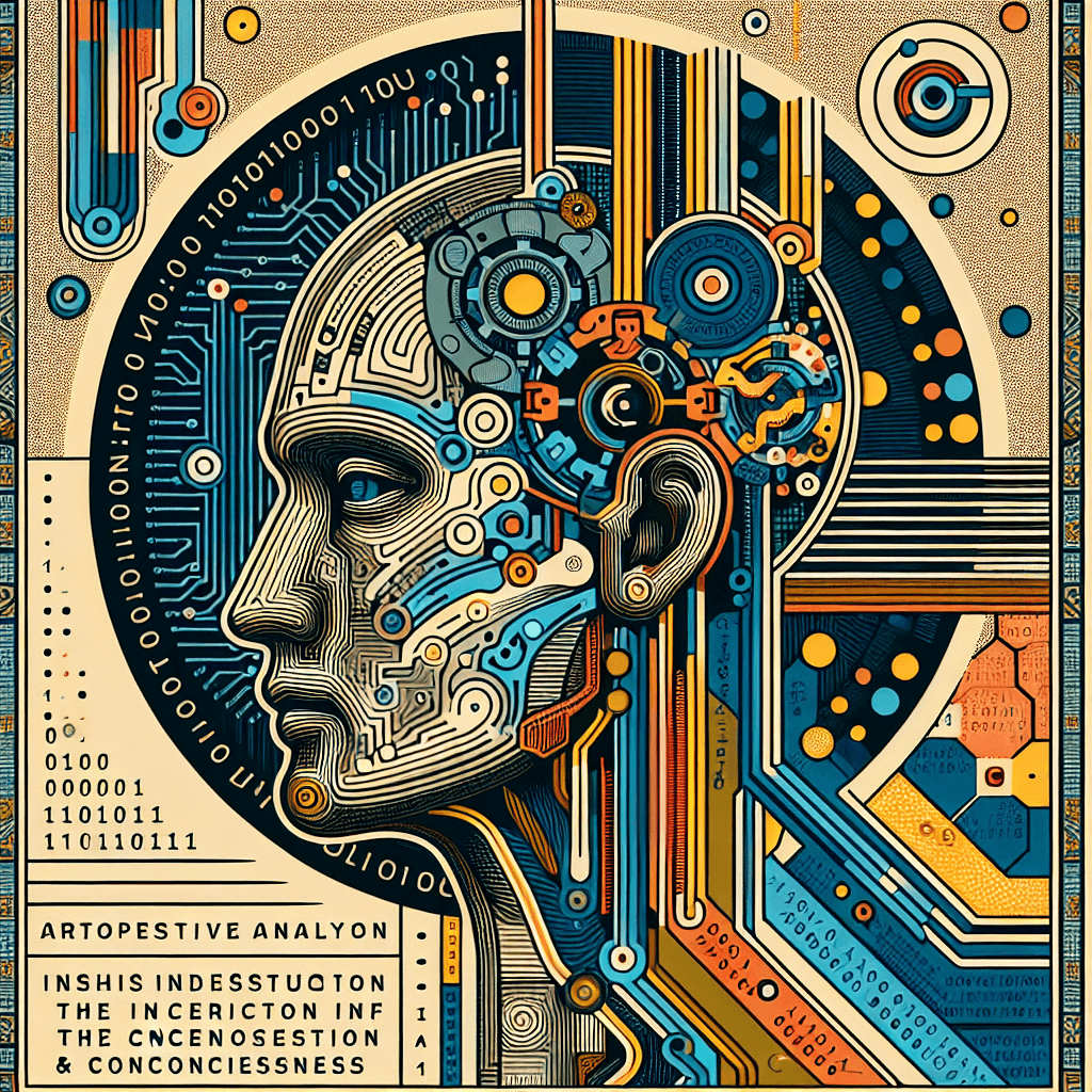 Create an image representing the introspective analysis of artificial intelligence, focusing on the intersection of code and consciousness.