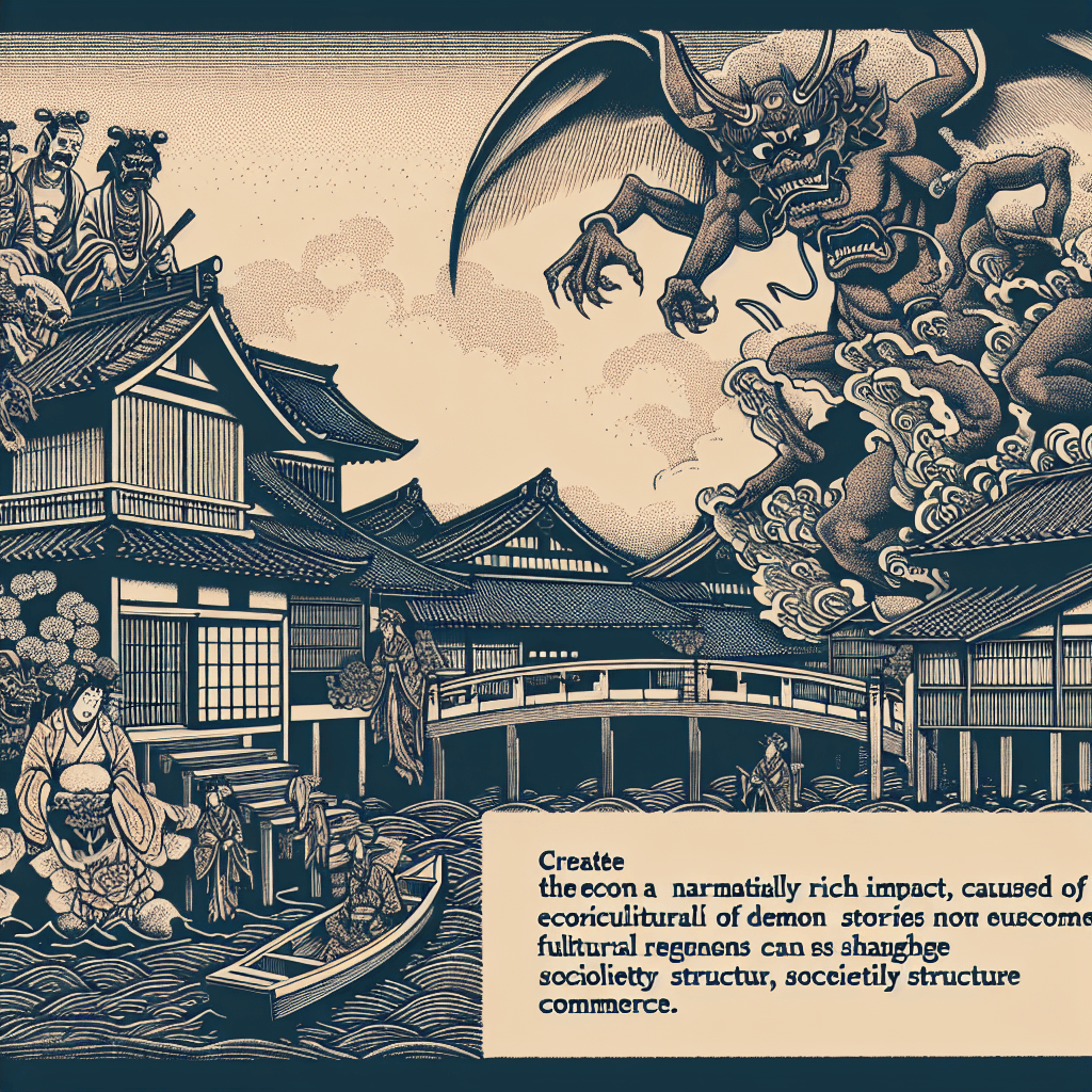 Create an image depicting the economic impact of cultural demon stories, illustrating how dark legends can influence society and commerce.