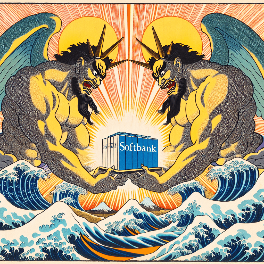 Create an image depicting two powerful forces or entities that are capturing the attention of SoftBank, symbolizing their influence and impact on the company.