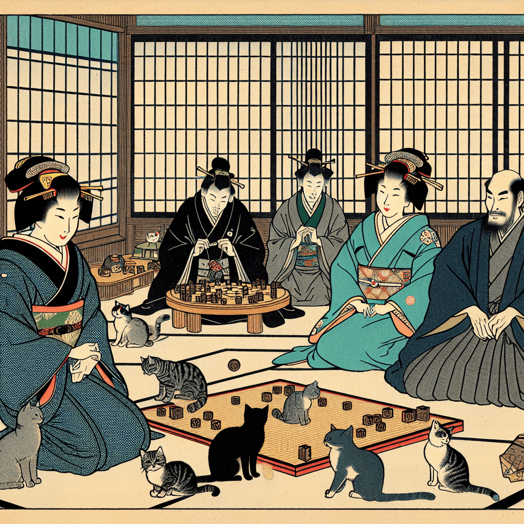 Create an image depicting the Japanese monarchy interacting with cats and the game of Godai, influenced by the concept of T. gondii.
