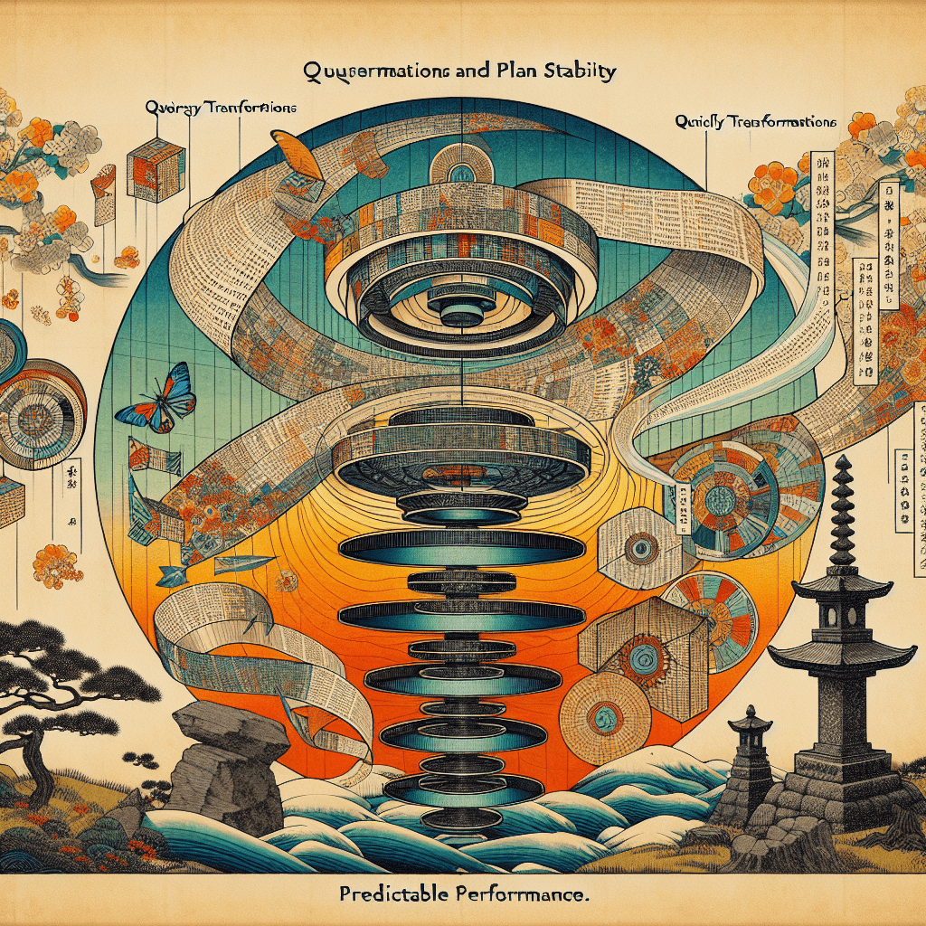 Create an image depicting the concept of query transformations and plan stability in Oracle, emphasizing predictable performance. Include visual elements representing database queries, transformation processes, and stability indicators.