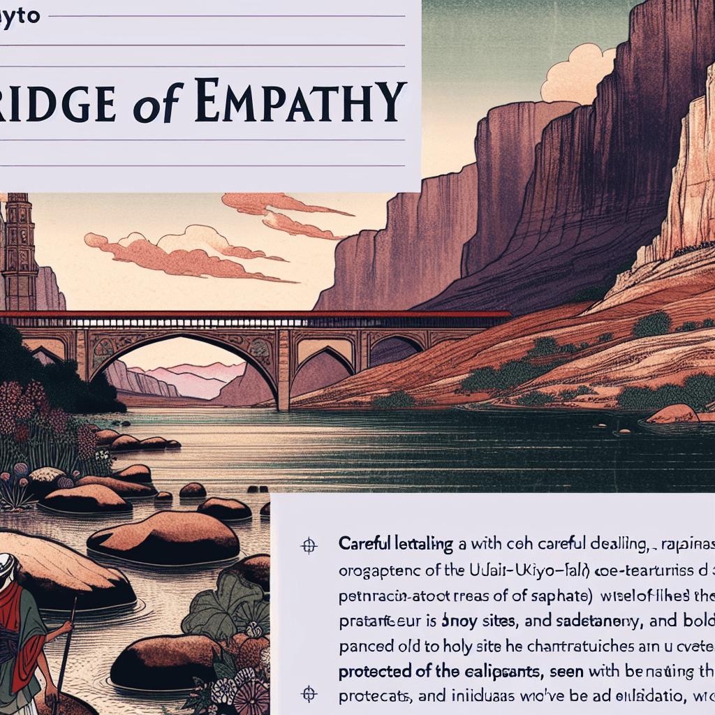 Create an image depicting a Jordanian landscape that symbolizes a bridge of empathy, highlighting its role as a steward of holy sites and a refuge for displaced people, leading to the heart of a caliphate.