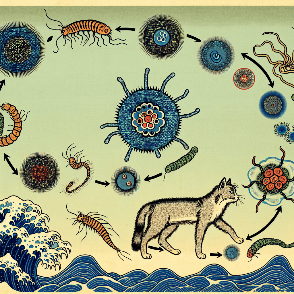Create an image depicting the life cycle of Toxoplasma gondii, highlighting its transmission between cats, humans, and other animals, and illustrating its effects on different hosts.