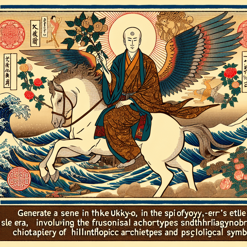 Create an image depicting the fusion of mythical archetypes and psychological symbols, focusing on a guiding caretaker figure that embodies the essence of philanthropic synergy.