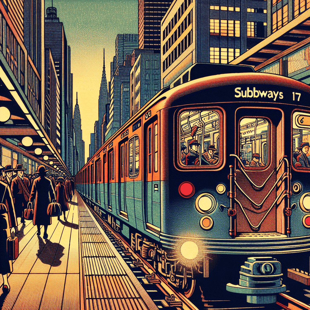Create an image featuring the vintage R17, R21, and R22 subway cars from the mid-20th century, highlighting their role as essential workhorses on New York City's 6 Line.