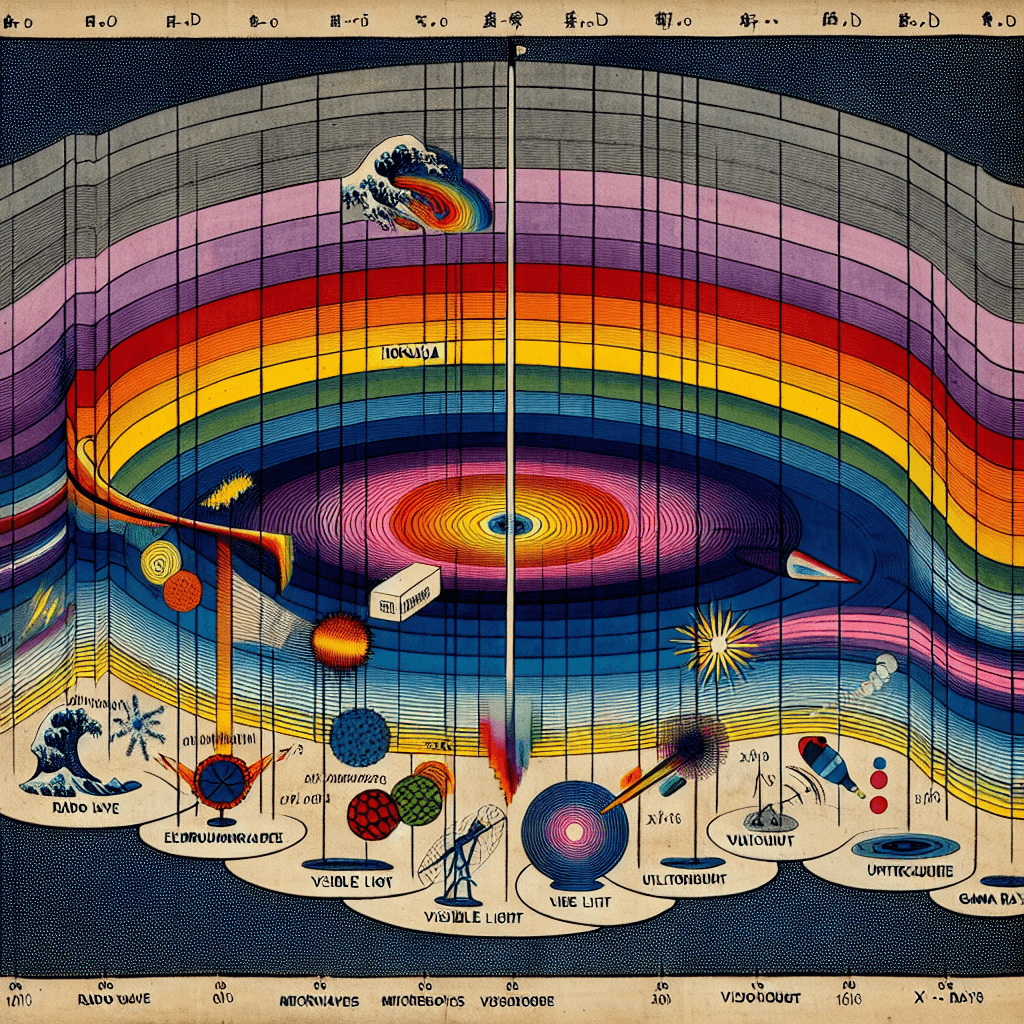 Create an image illustrating the electromagnetic spectrum, highlighting various sections such as radio waves, microwaves, infrared, visible light, ultraviolet, X-rays, and gamma rays.