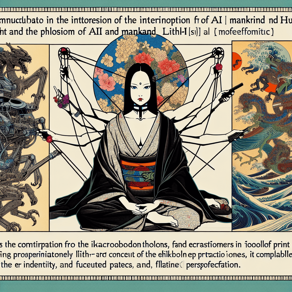 Create an image that explores the intersection of AI and humanity, inspired by Judith Butler's philosophy and the concept of Lilith-1, highlighting themes of identity, performance, and transformation.