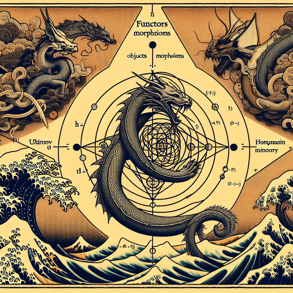 Create an image illustrating the concept of functors in category theory, showcasing how they map objects and morphisms from one category to another while preserving the structure.