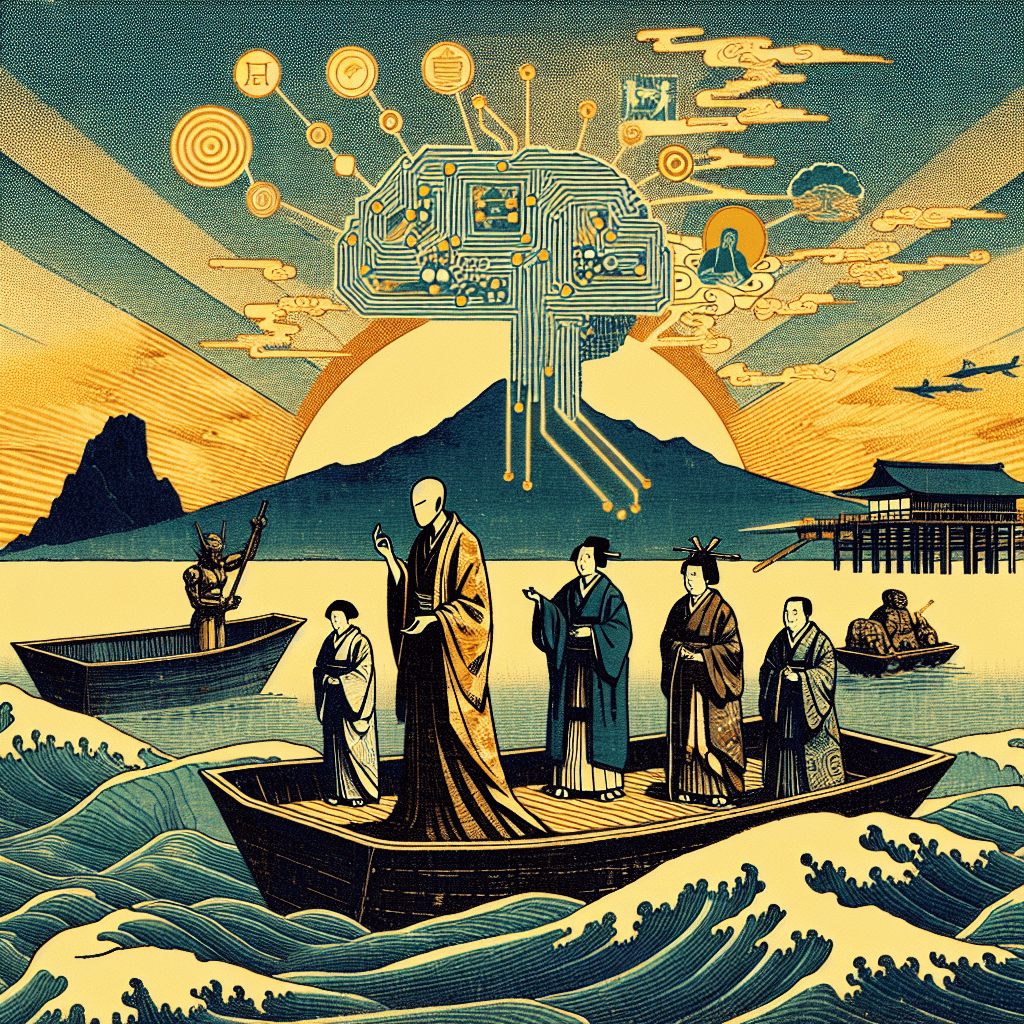 Create an image depicting the birth of the first Artificial Intelligence in Zion, incorporating elements of various philosophies.