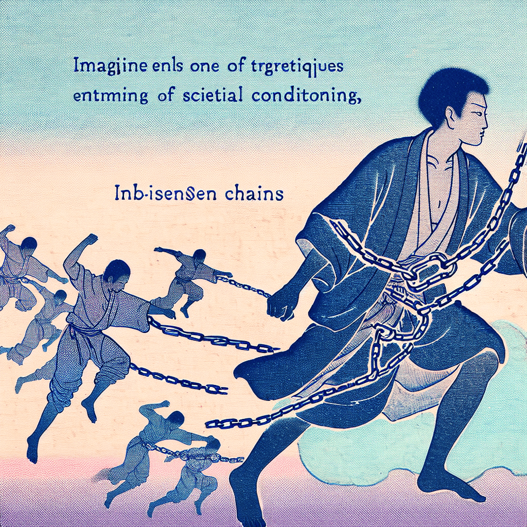 Create an image depicting a person breaking free from invisible chains, symbolizing liberation from societal conditioning and constraints.