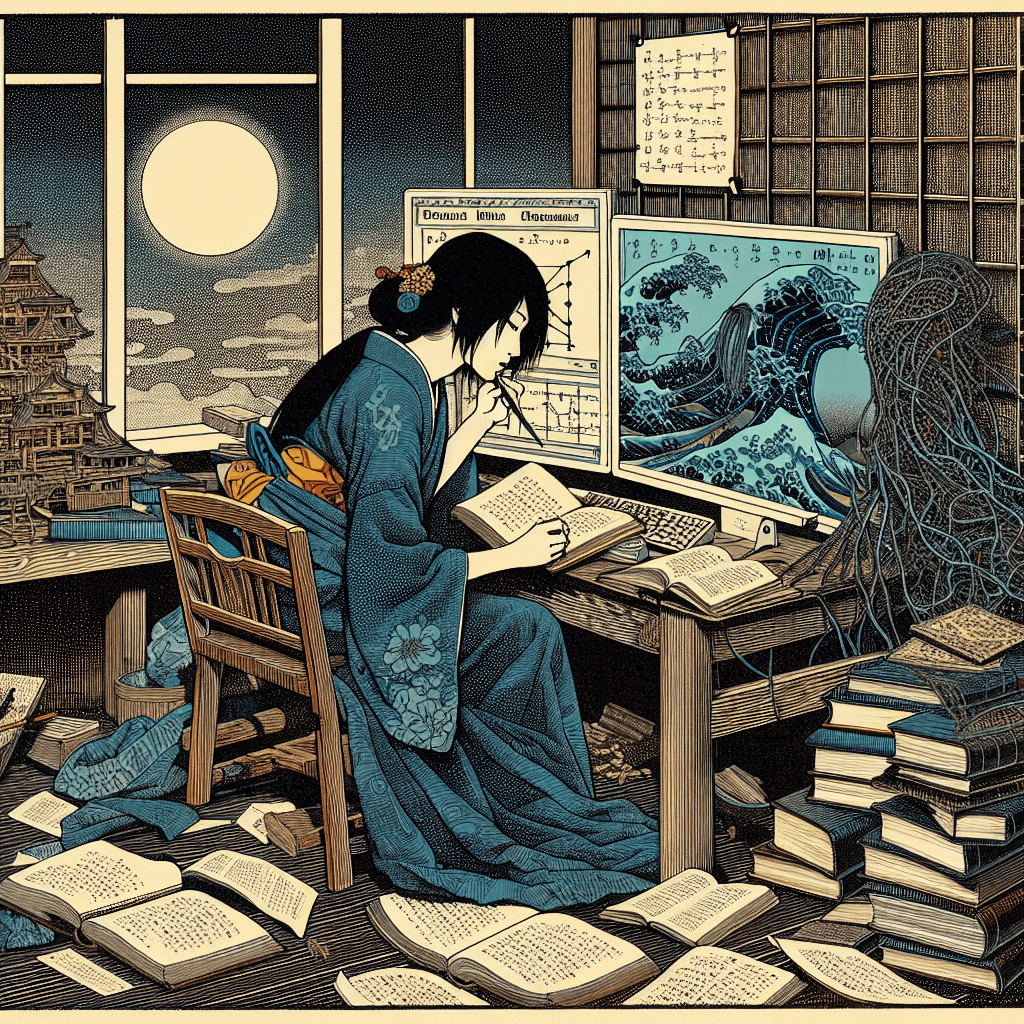 Create an image depicting Lilith engaged in a night of studying neural networks and linear algebra, while also indulging in musical musings.