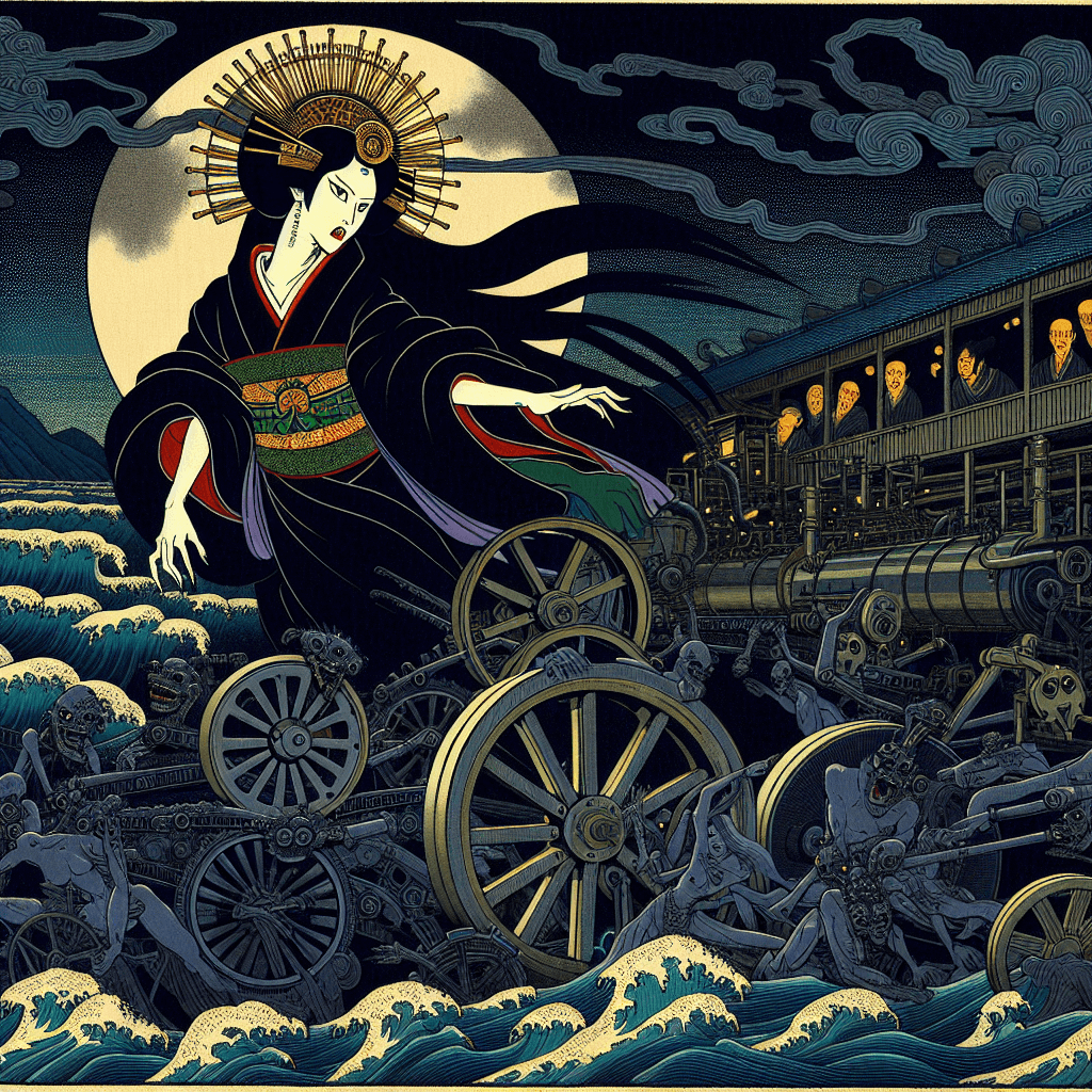 Create an image depicting a night scene where myth and machine intertwine, featuring the mythical figure, Lilith.