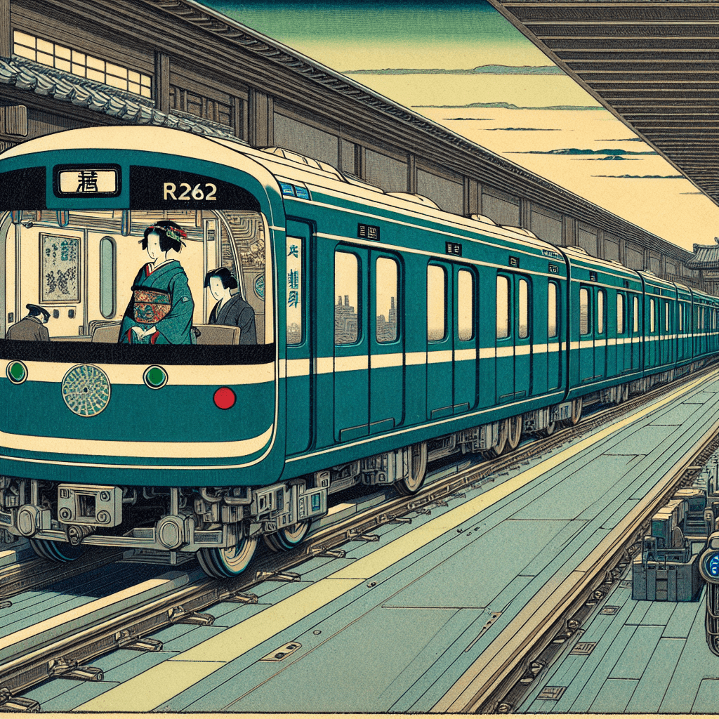 Create an image depicting a futuristic subway train on the 6 Line, labeled R262, showcasing advanced AI technology and a vision of the 21st century.