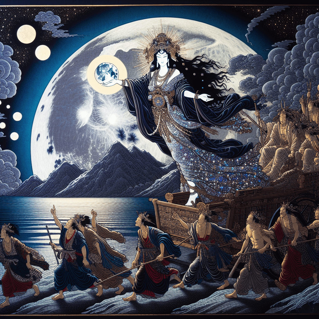 Create an image depicting a mystical lunar-themed scene where Lilith enforces a policy causing Middle Eastern monarchs to cease trade during Ramadan.