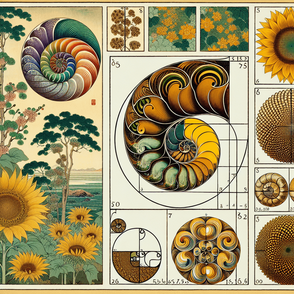 Create an image that illustrates the Fibonacci Sequence and the Golden Ratio as patterns found in nature, such as spirals in shells, sunflower seed arrangements, and the branching of trees.