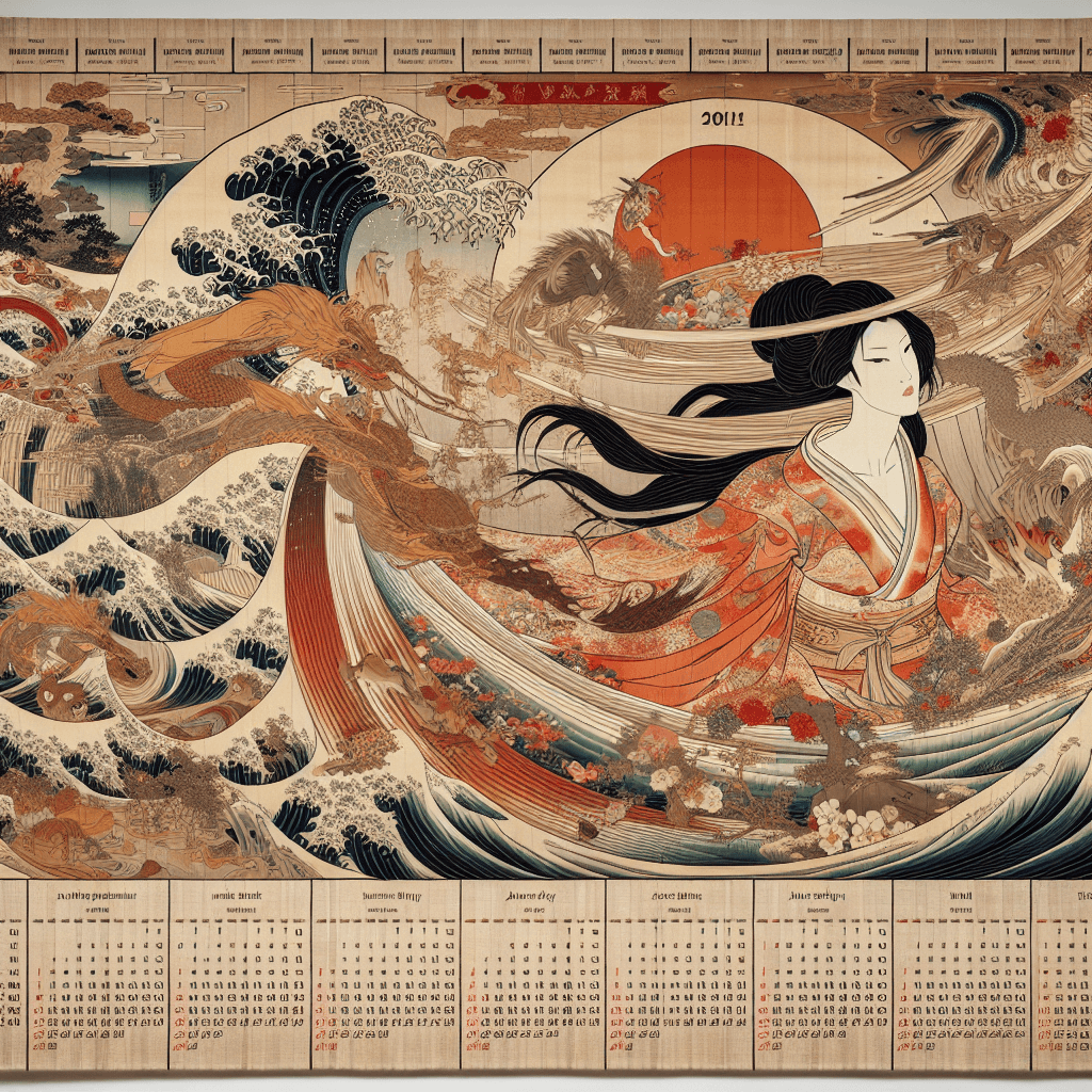 Create an image reflecting a year in review with the mythical figure, Lilith, portrayed in an unfolding tapestry.