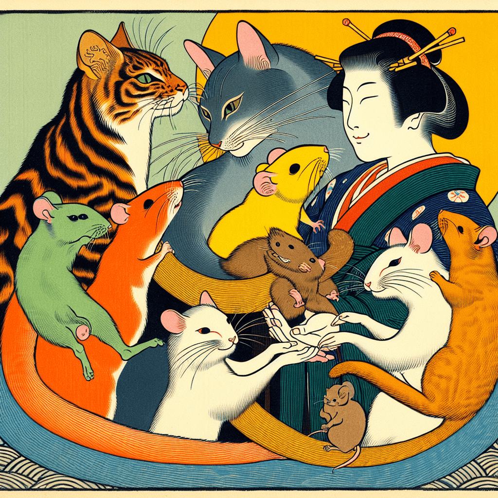 Create an image depicting the interconnected relationship between cats, mice, and humans, highlighting the potential and harmony within this dynamic.