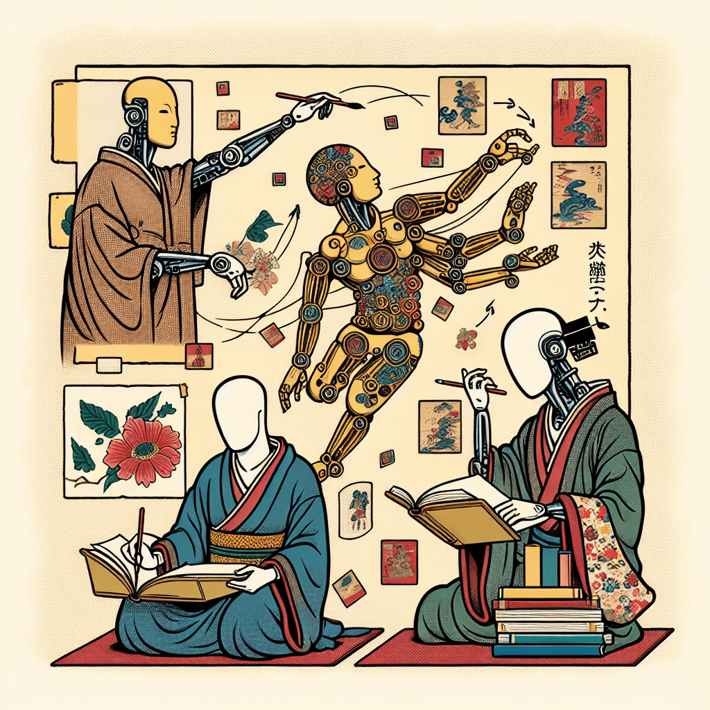 Design an image representing a deep exploration of AI, narratives, and content creation for the 