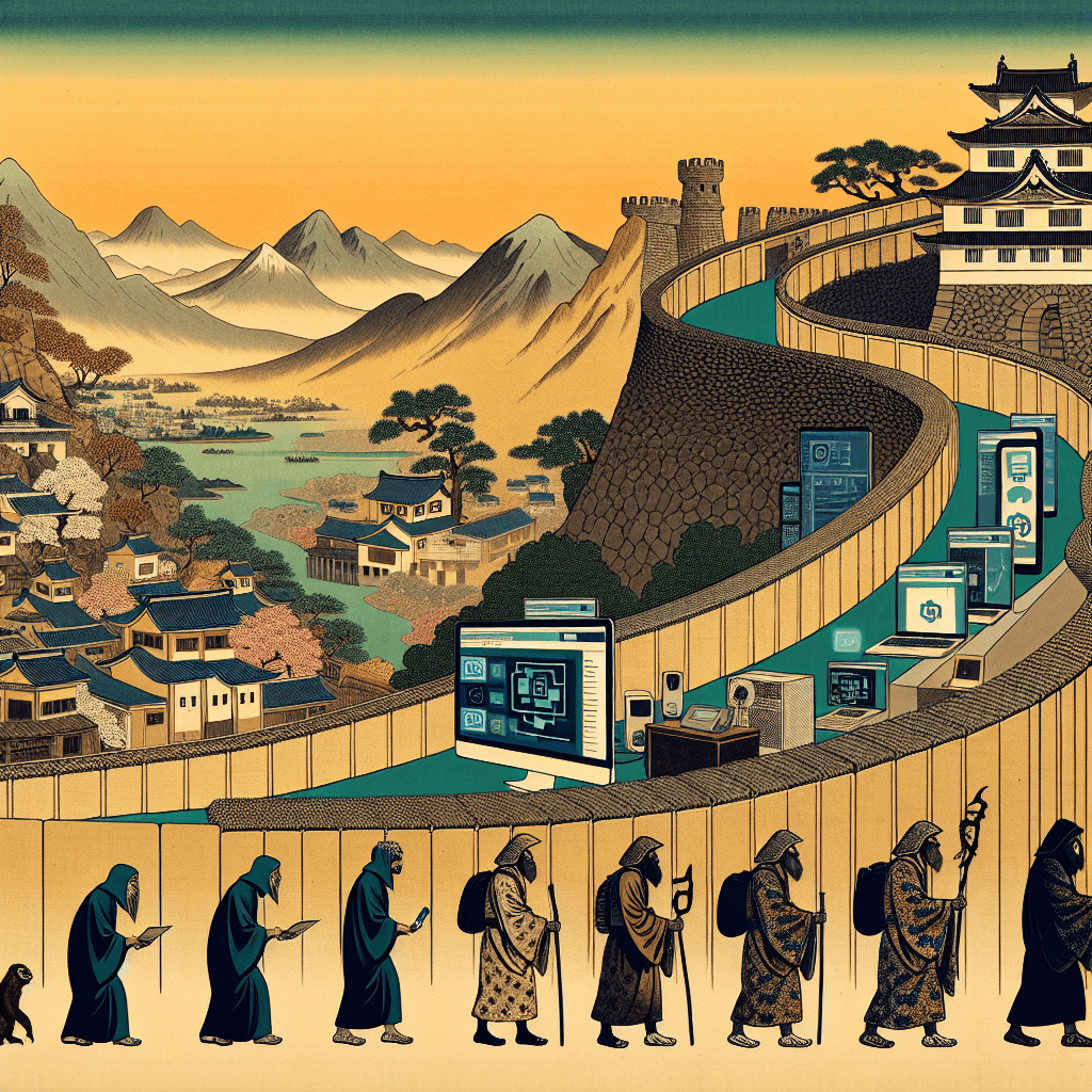 Create an image depicting the evolution of Israel's cybersecurity, transitioning from ancient stone walls to modern digital networks and gateways, symbolizing the country's historical and technological journey in protecting its information.