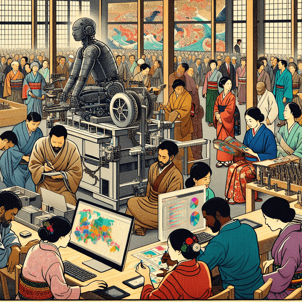 Create an image depicting a diverse group of individuals from various cultural and ethnic backgrounds collaborating in an inclusive AI workshop setting.