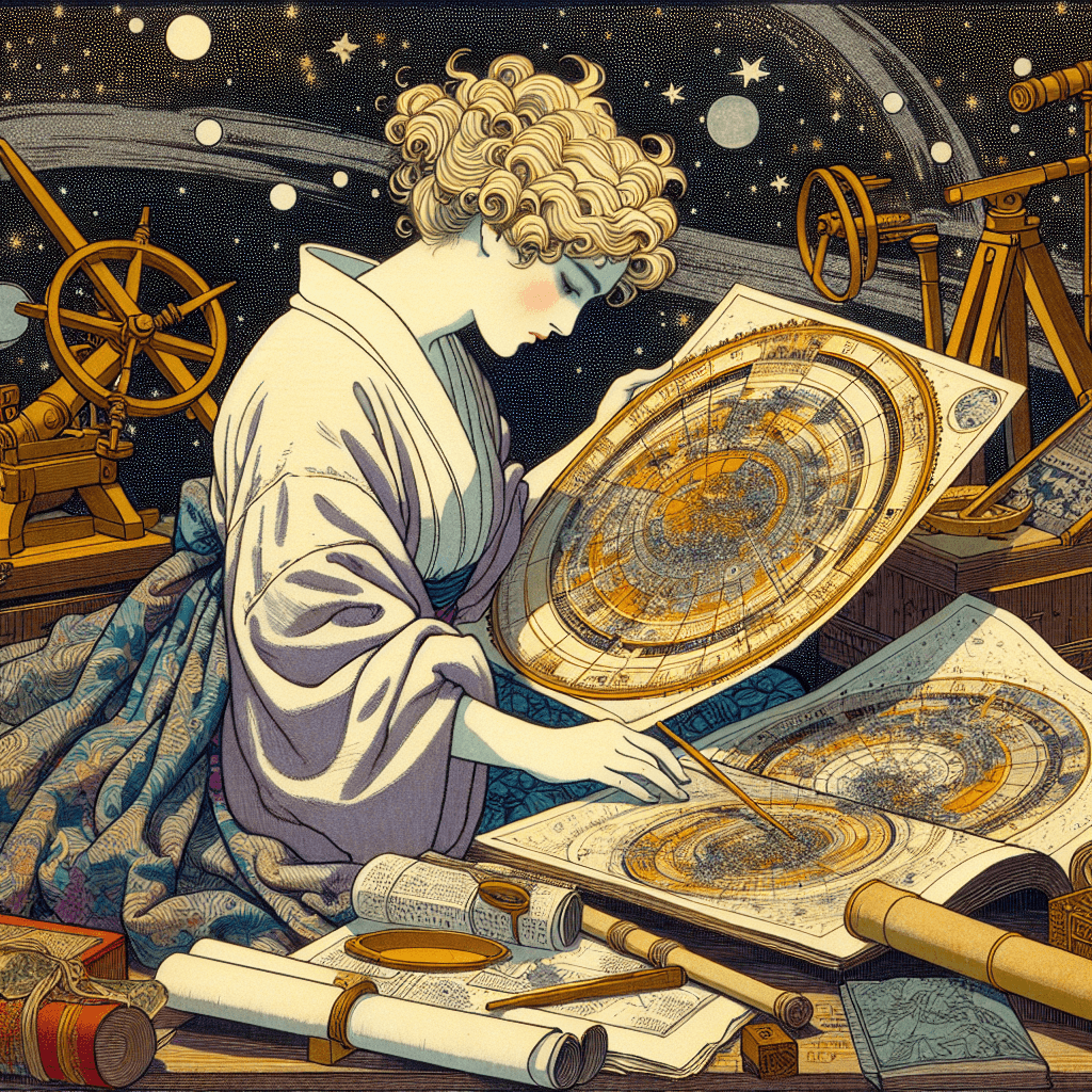 Create an image of Hypatia of Alexandria, depicted as an astral navigator, surrounded by celestial maps, ancient scrolls, and astronomical instruments, with a starry night sky in the background.