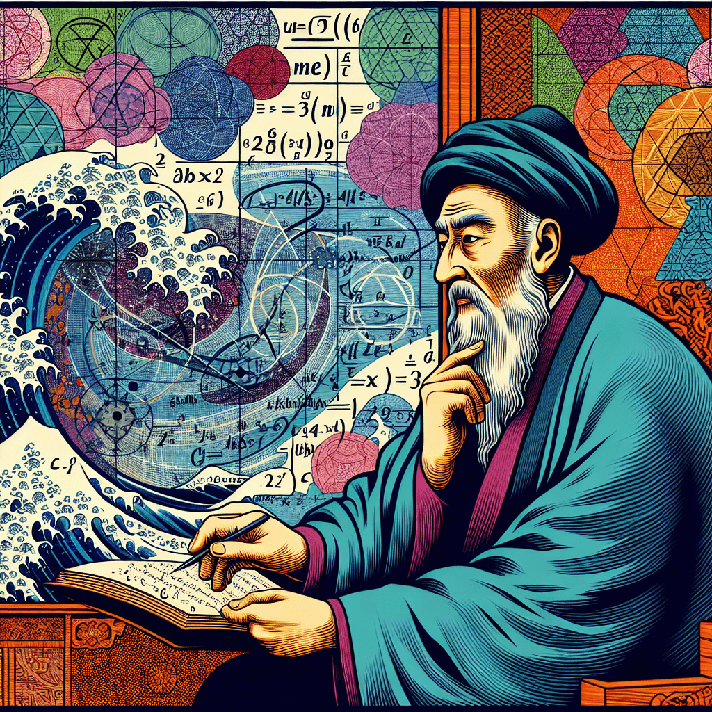 Create an image depicting Al-Khwarizmi exploring the concept of non-smooth algebraic functions, with a backdrop of mathematical symbols and equations representing continuity and derivability.