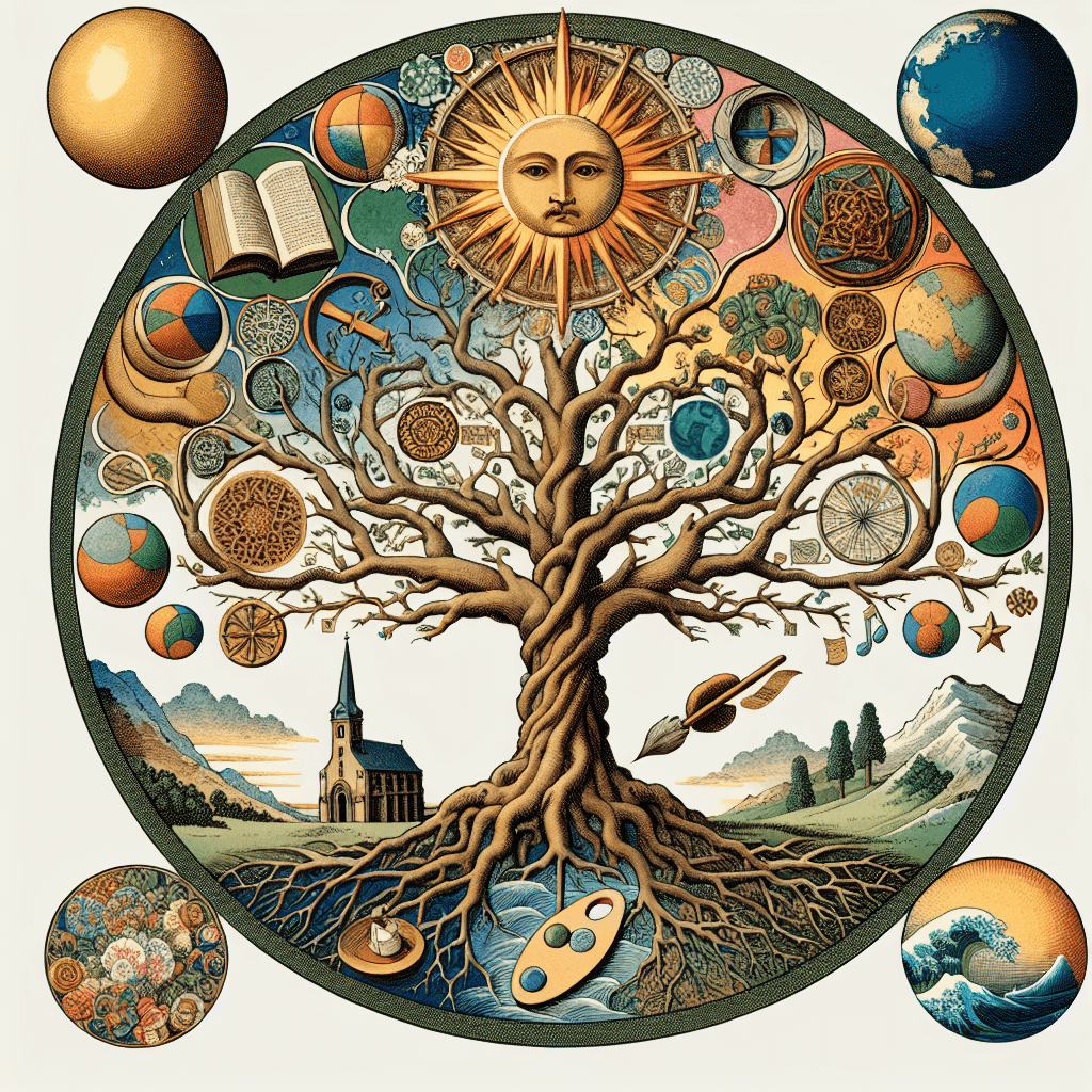 Create an image depicting the Tree of Life as a central symbol in Medieval and Renaissance thought, highlighting its influence on philosophy, religion, and art during these periods.