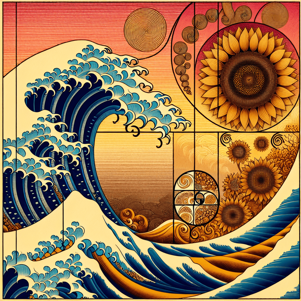 Create an image that illustrates the mathematical beauty of nature by incorporating the Fibonacci sequence and the Golden Ratio, showcasing patterns such as spirals in shells, sunflower seed arrangements, and the branching of trees.