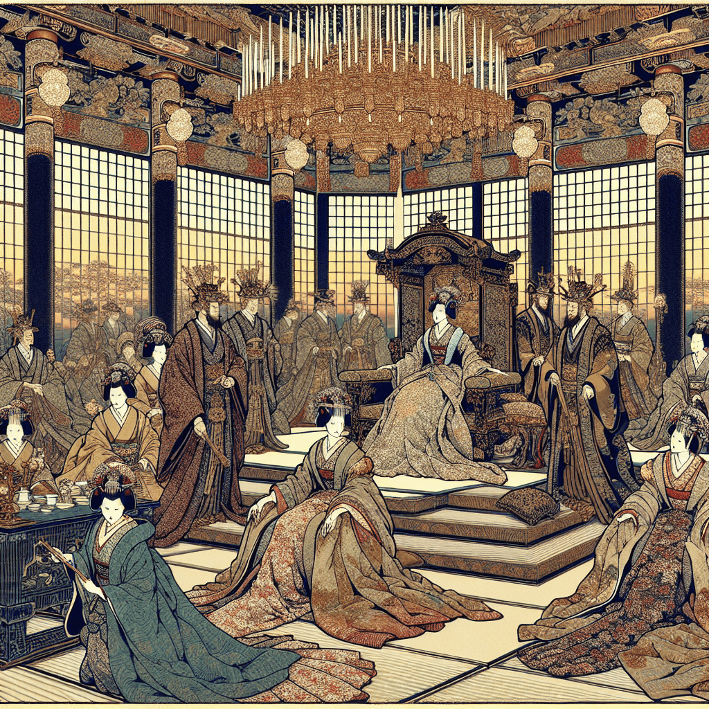 Create an image depicting a royal matchmaking scene, featuring monarchs and their potential marriage partners in an opulent setting, highlighting the elegance and diplomacy involved in these historical unions.