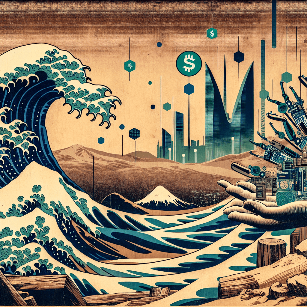 Create an image depicting Saudi Arabia's Vision 2030 initiative integrating with the futuristic world of cryptocurrency, symbolizing innovation and modernization in a desert landscape.