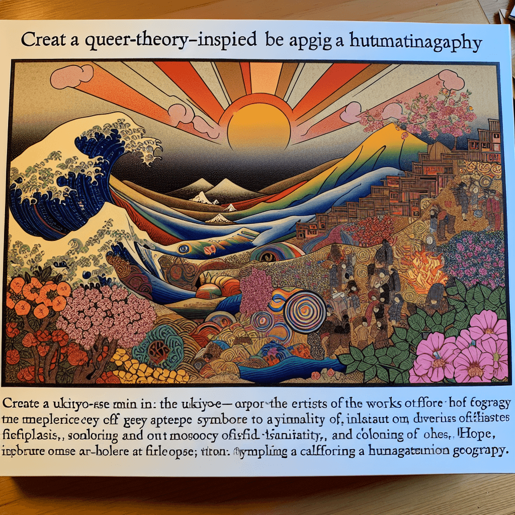 Create an image that represents a queer-theory-inspired approach to addressing and alleviating the Palestinian tragedy, incorporating symbols of unity, diversity, and hope.