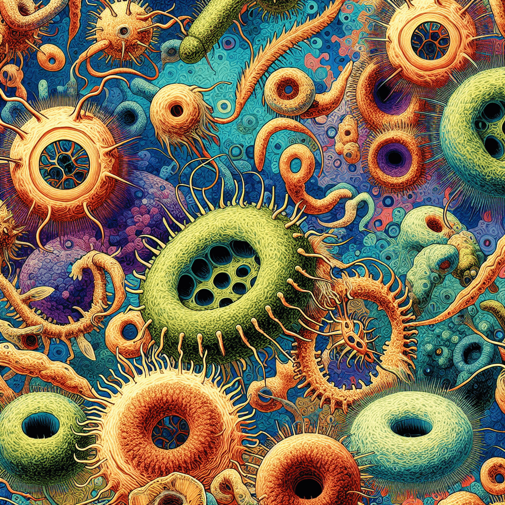 Create an image depicting the microscopic world of *Toxoplasma gondii*, highlighting its intricate structure and the scientific exploration of this fascinating parasite.