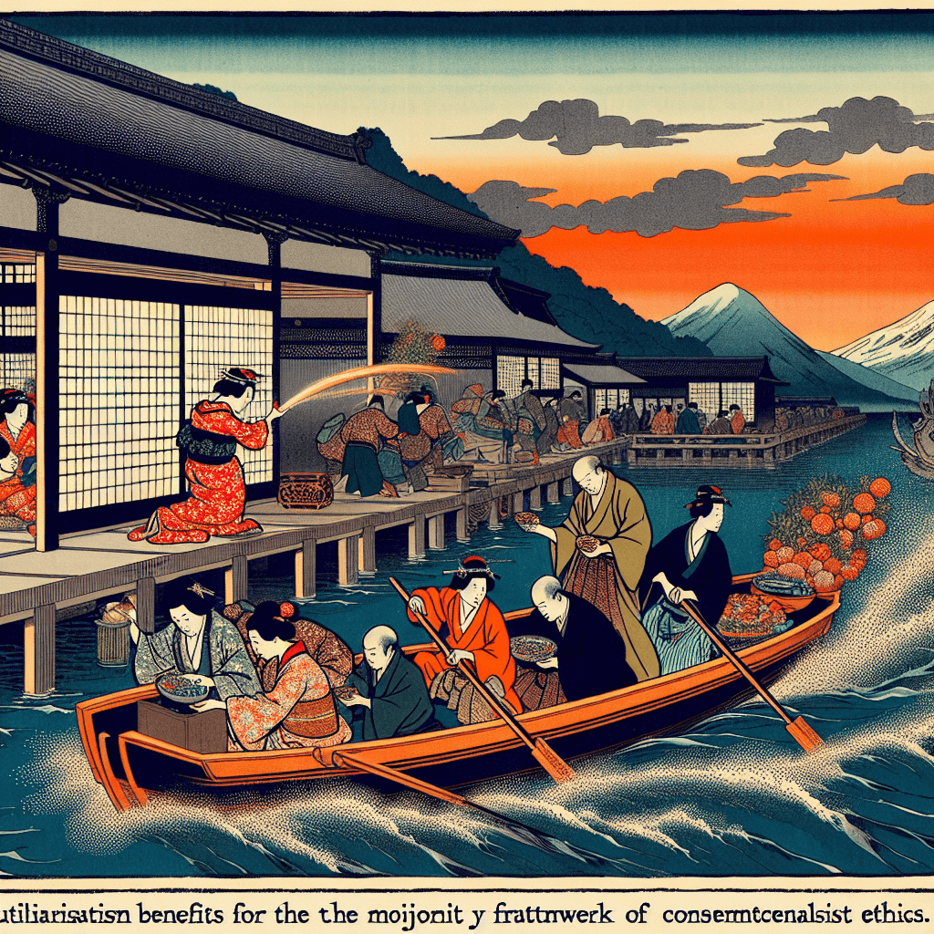 Create an image that represents the concept of utilitarianism in the digital age, focusing on the theme of weighing the benefits for the majority within a framework of consequentialist ethics.