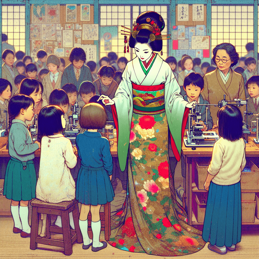 Create an image of Princess Aiko engaging with young students in a vibrant science fair setting, showcasing her passion for science and curiosity, and inspiring the next generation.