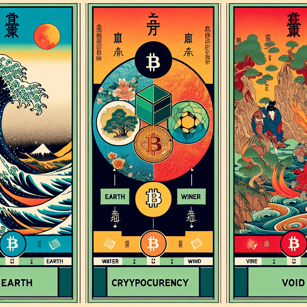 Create an image representing the analysis of cryptocurrency technologies from a Godai perspective.