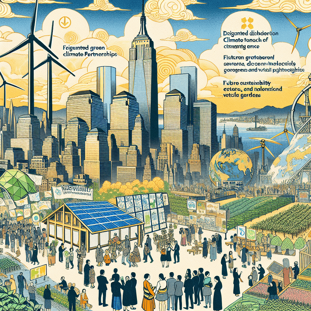 Create an image depicting New York City as a leader in climate partnerships and future sustainability efforts, showcasing innovative green technologies and collaborative initiatives.
